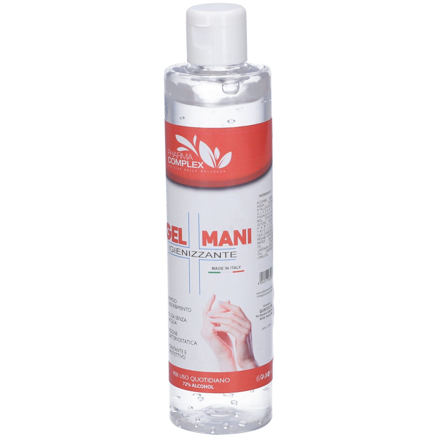 Flacone trasparente con tappo bianco ed etichetta rossa. Scritta: Pharma Complex, Gel Mani Igienizzante. 72% alcool.