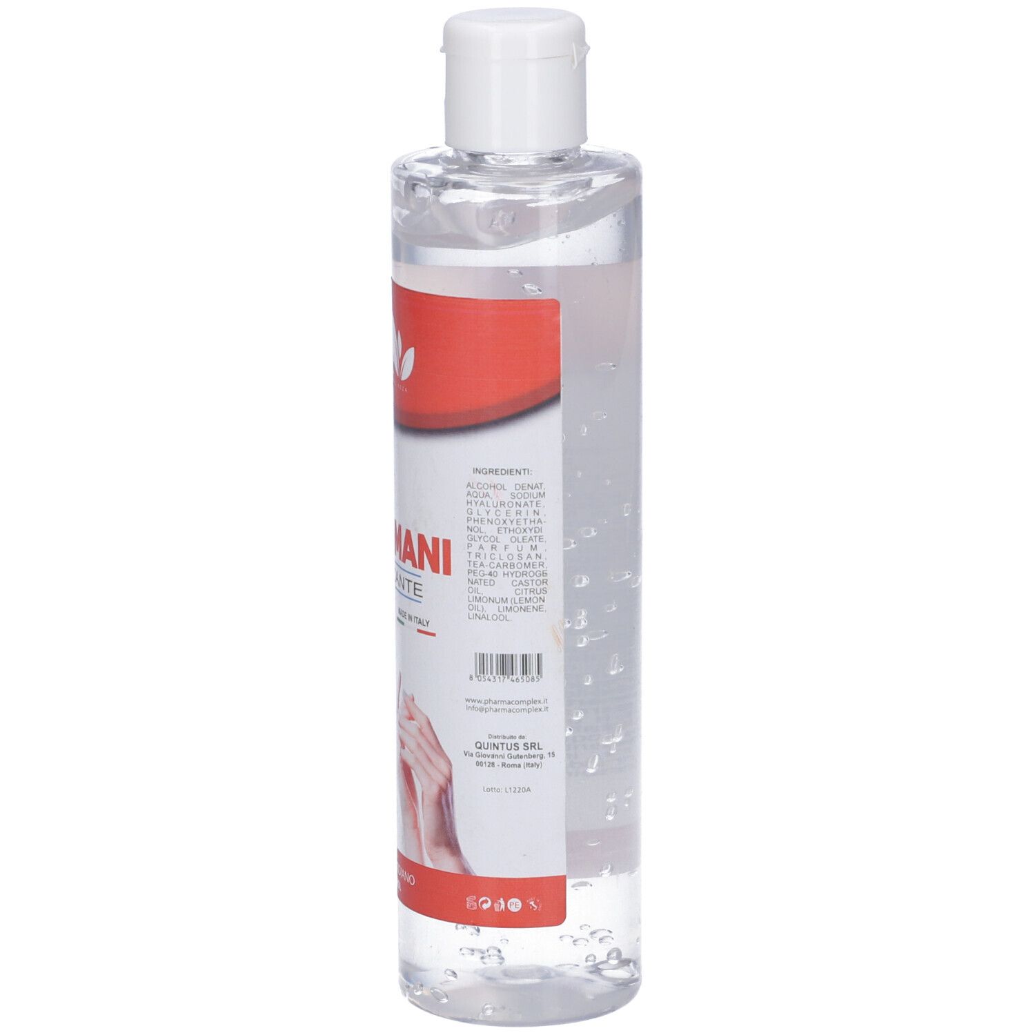 Flacone trasparente con tappo bianco. Etichetta rossa con informazioni sul prodotto. Gel visibile.