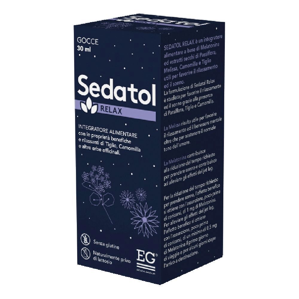 Scatola blu scuro Sedatol Relax Gocce. Testo: 'Integratore alimentare'. Contiene camomilla, tiglio e altre erbe.