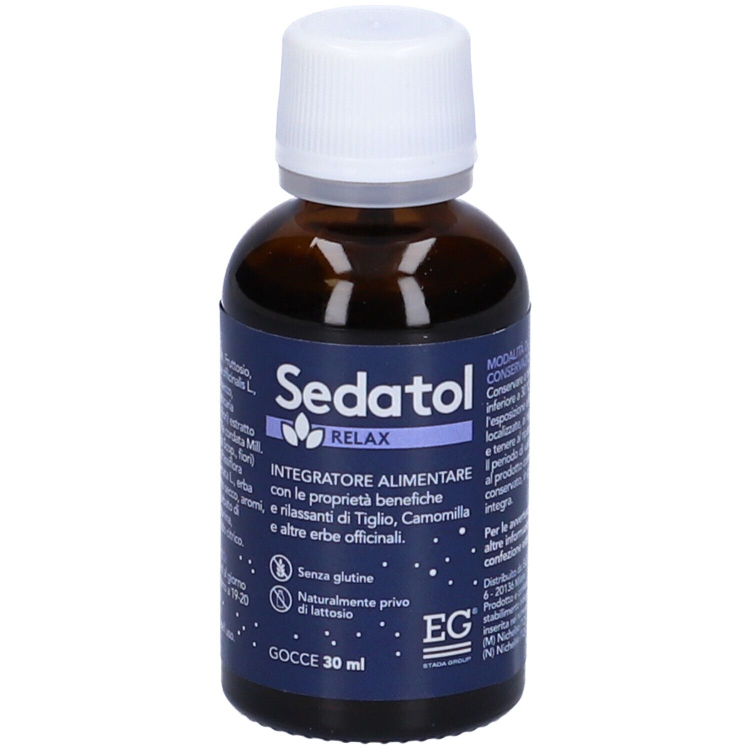 Flacone di vetro marrone con tappo bianco. Etichetta: Sedatol Relax Gocce, 'Integratore alimentare'. Contiene camomilla, tiglio, ecc.