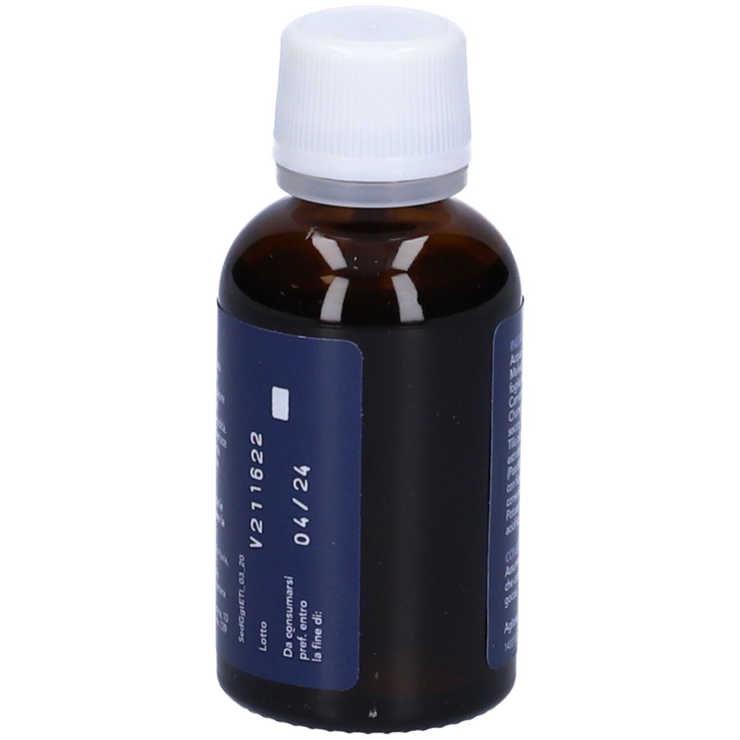 Flacone di vetro marrone con tappo bianco. Retro con numero di lotto e data di scadenza: 04/24. 'Gocce 30 ml'.