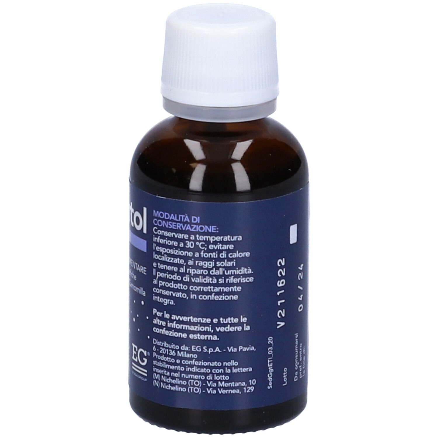 Flacone di vetro marrone con tappo bianco. Retro con informazioni di conservazione e dettagli del produttore. 'Gocce 30 ml'.