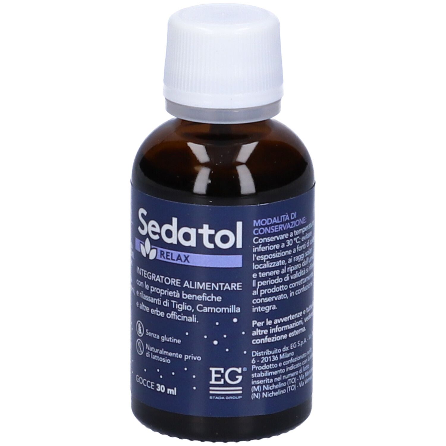 Flacone di vetro marrone con tappo bianco. Etichetta: Sedatol Relax Gocce, 'Integratore alimentare'. Contiene camomilla, tiglio, ecc.