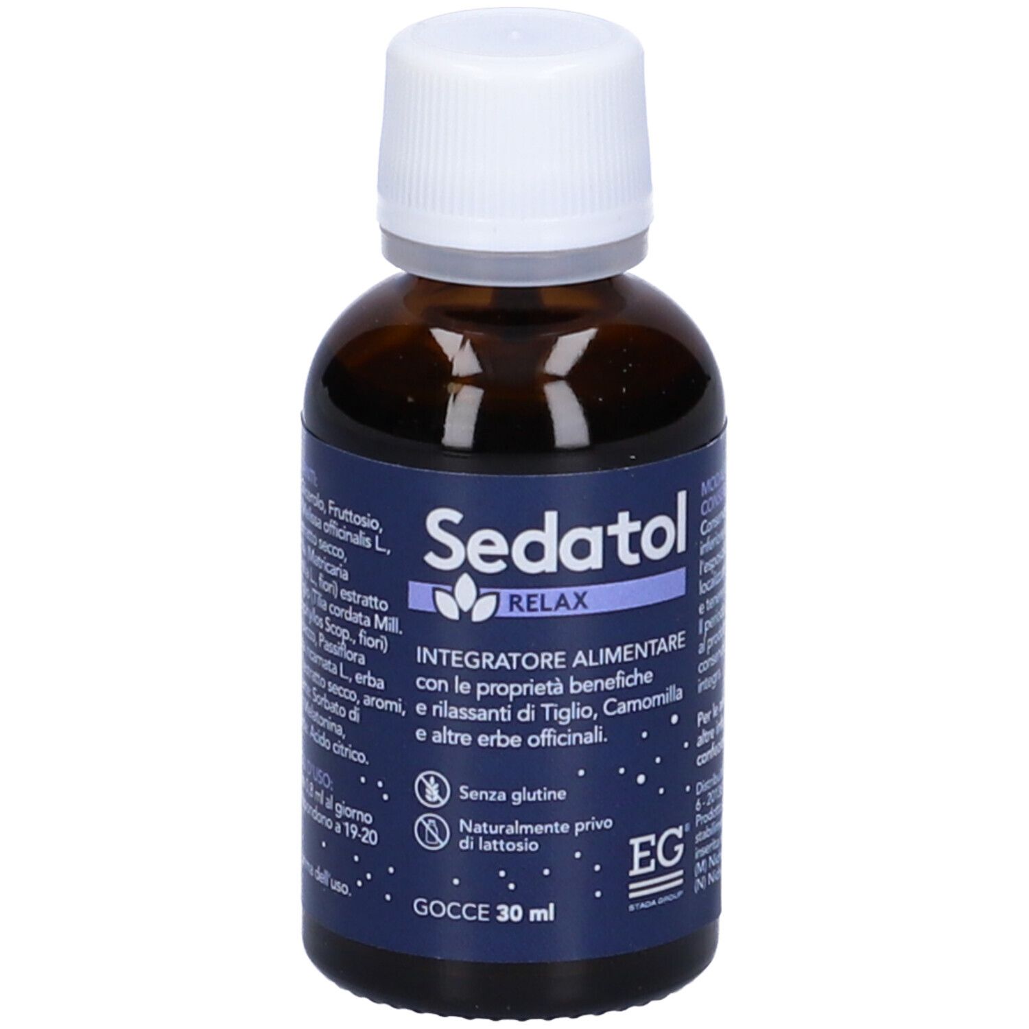 Flacone di vetro marrone con tappo bianco. Etichetta: Sedatol Relax Gocce, 'Integratore alimentare'. Contiene camomilla, tiglio, ecc. 'Gocce 30 ml'.