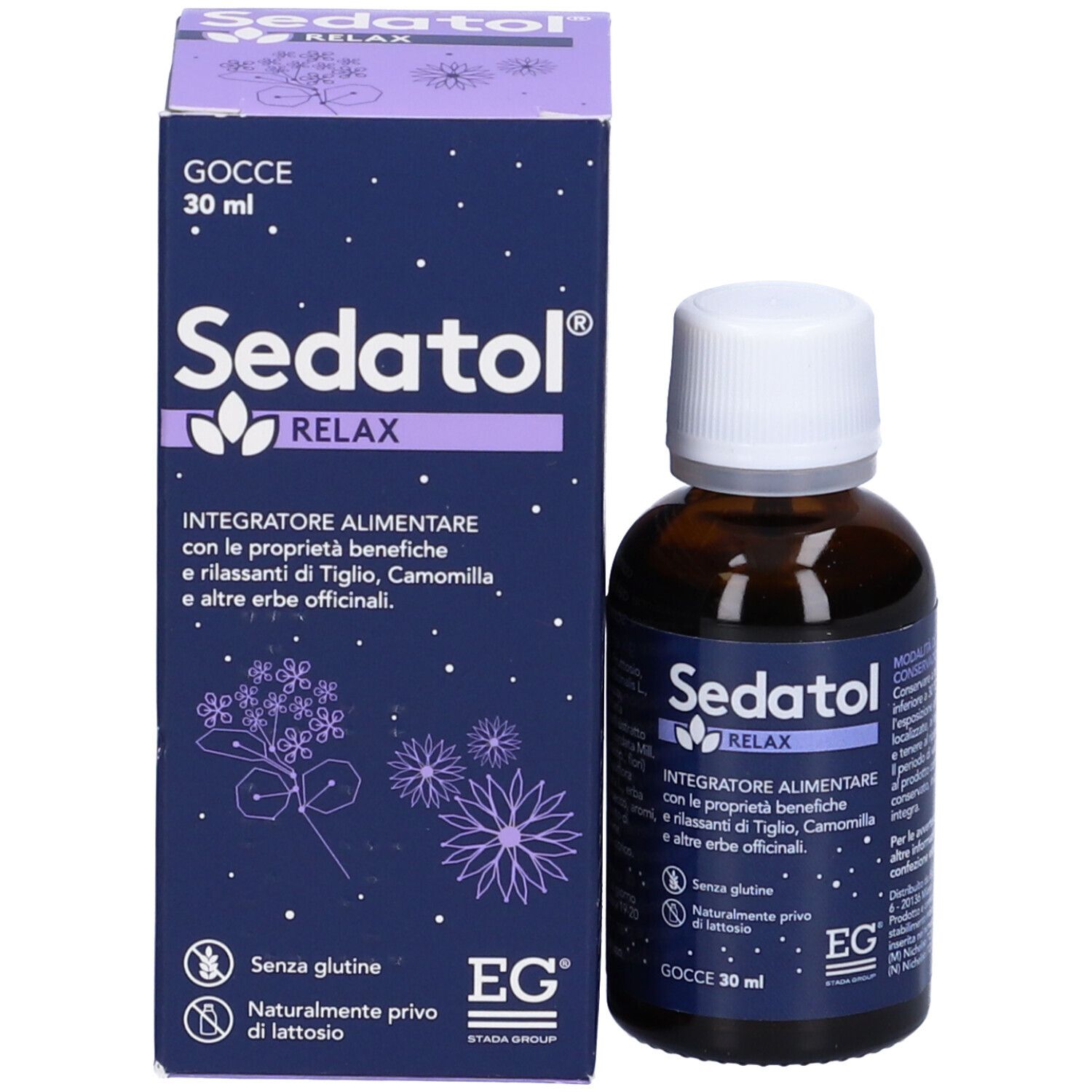 Confezione del prodotto: scatola e flacone. Scatola: Sedatol Relax Gocce, 'Integratore alimentare'. Flacone: marrone, tappo bianco.