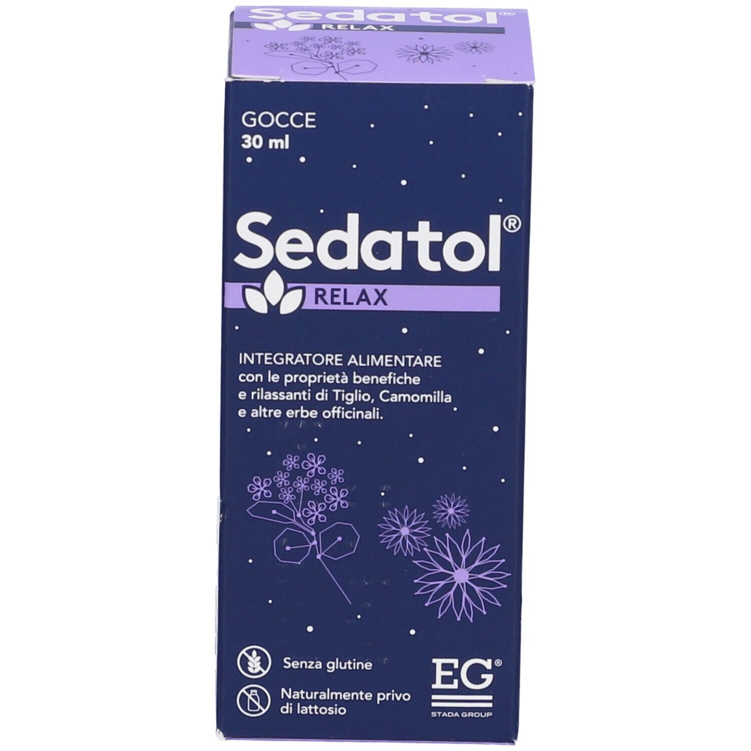 Scatola blu scuro Sedatol Relax Gocce. Testo: 'Integratore alimentare'. Contiene camomilla, tiglio e altre erbe. 'Gocce 30 ml'.