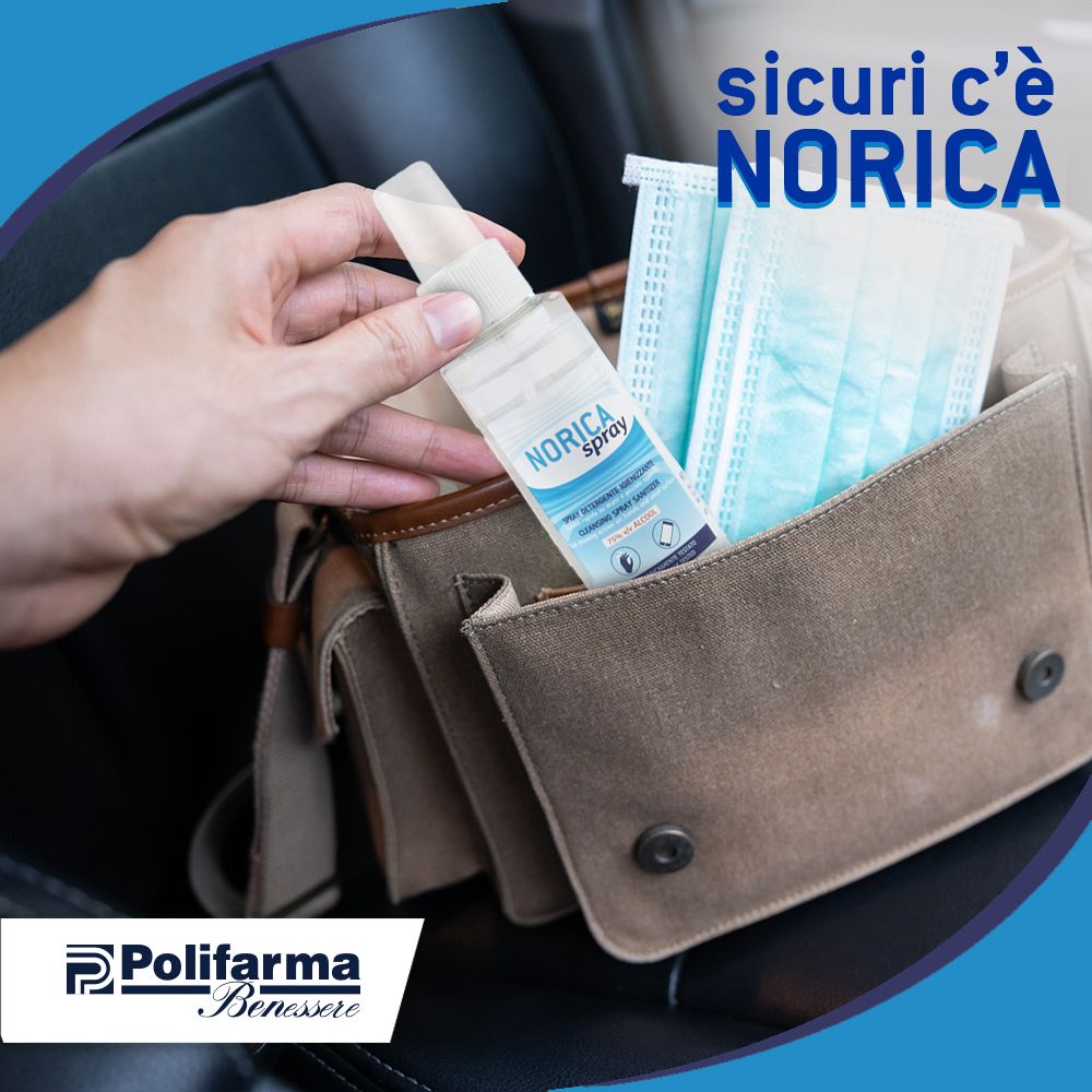 Hand hält Norica Spray Flasche neben Gesichtsmasken in einer Tasche.