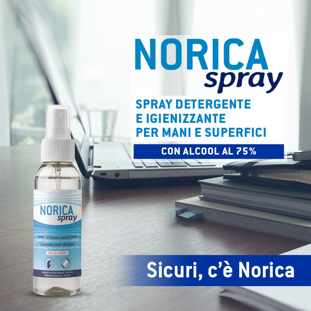 Norica Spray Flasche mit 75% Alkohol zur Reinigung von Händen und Oberflächen.