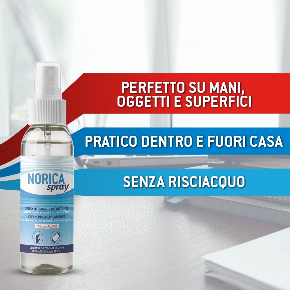 Norica Spray Flasche mit klarem Desinfektionsmittel, 75% Vol. Alkohol.