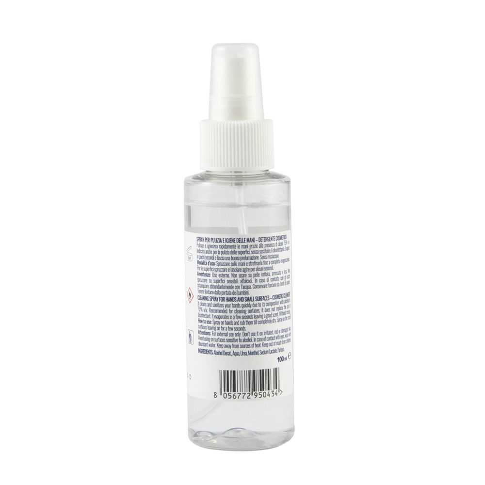 Klare Sprühflasche mit weißem Sprühkopf und Etikett. Enthält 100 ml Flüssigkeit.