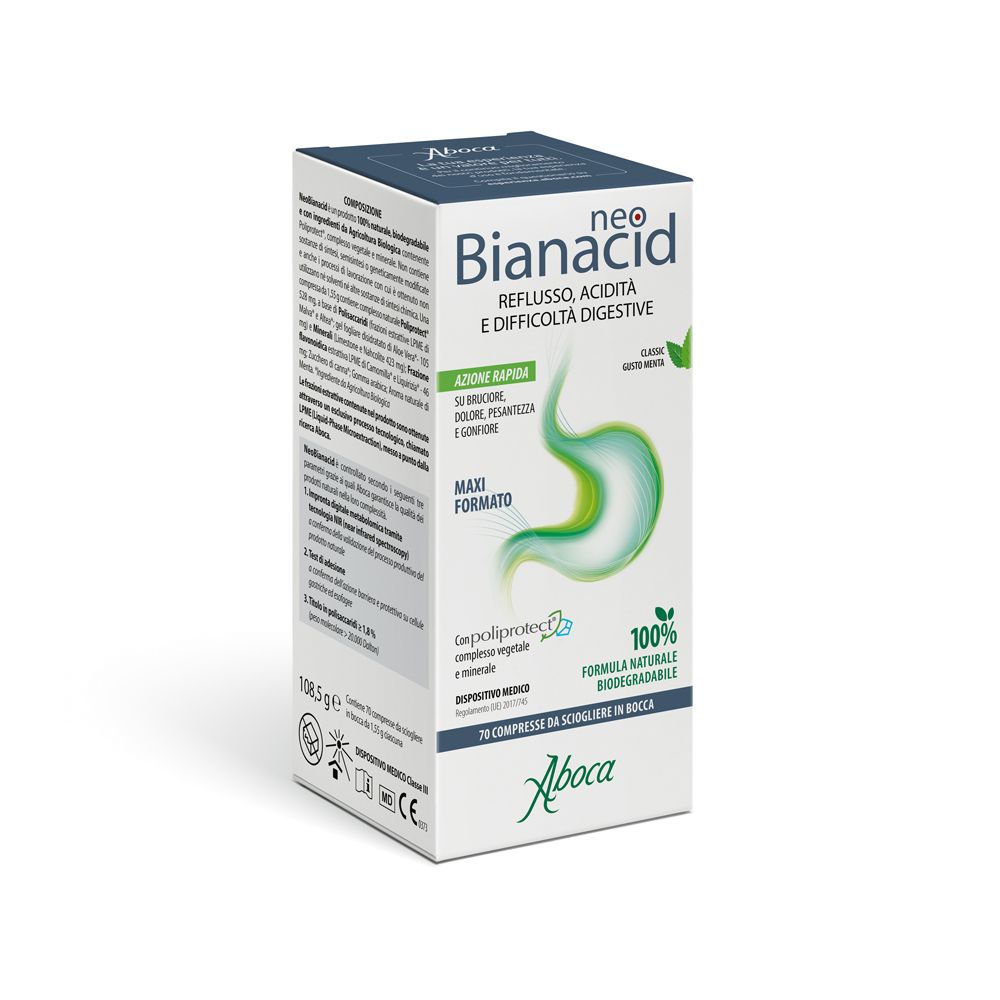Schachtel mit "neo Bianacid". Text: Reflux, Säure, Verdauungsbeschwerden. Grün-weißes Design. Marke: Aboca.