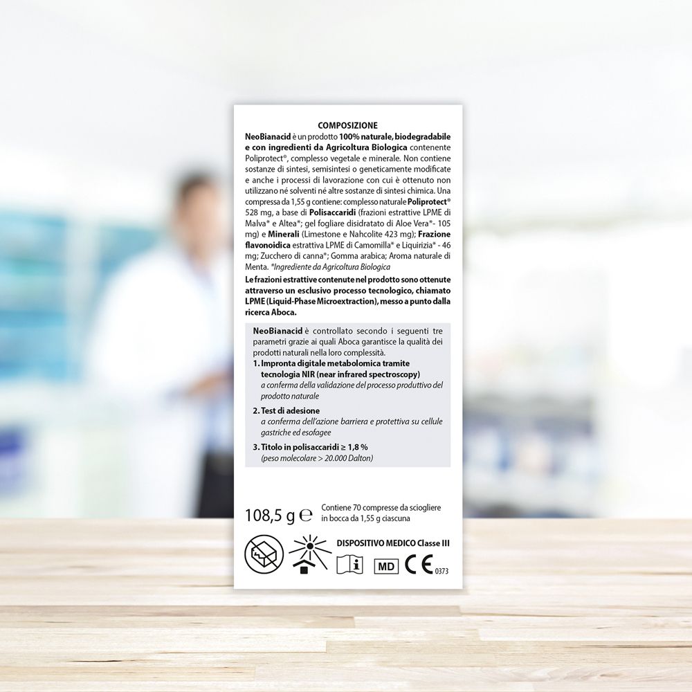 Rückseite der "neo Bianacid"-Schachtel. Text über Inhaltsstoffe. Marke: Aboca. Angaben zur Zusammensetzung.