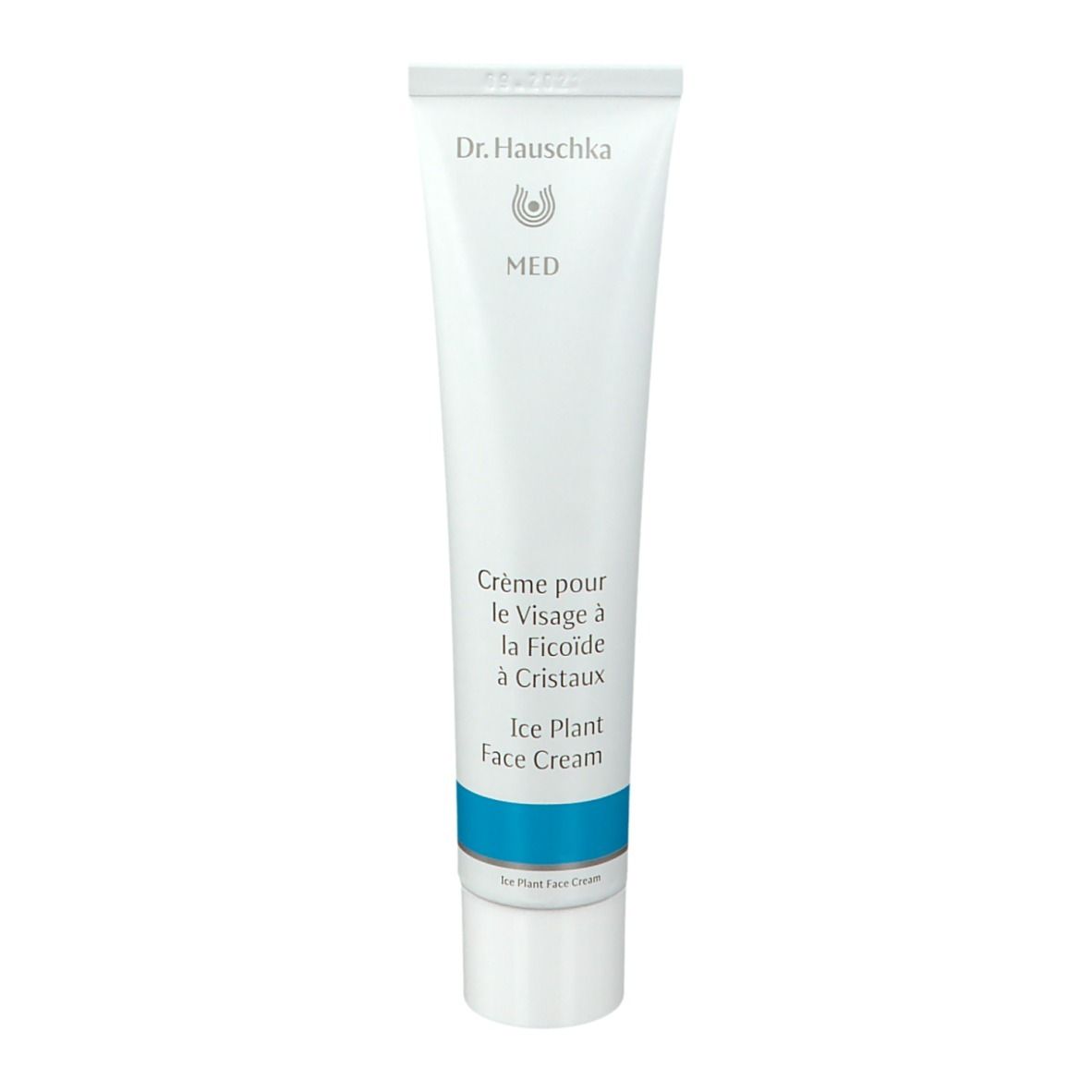 Weiße Tube mit blauer Banderole. Schriftzug: Dr. Hauschka MED, Crème pour le Visage à la Ficoïde à Cristaux, Ice Plant Face Cream.