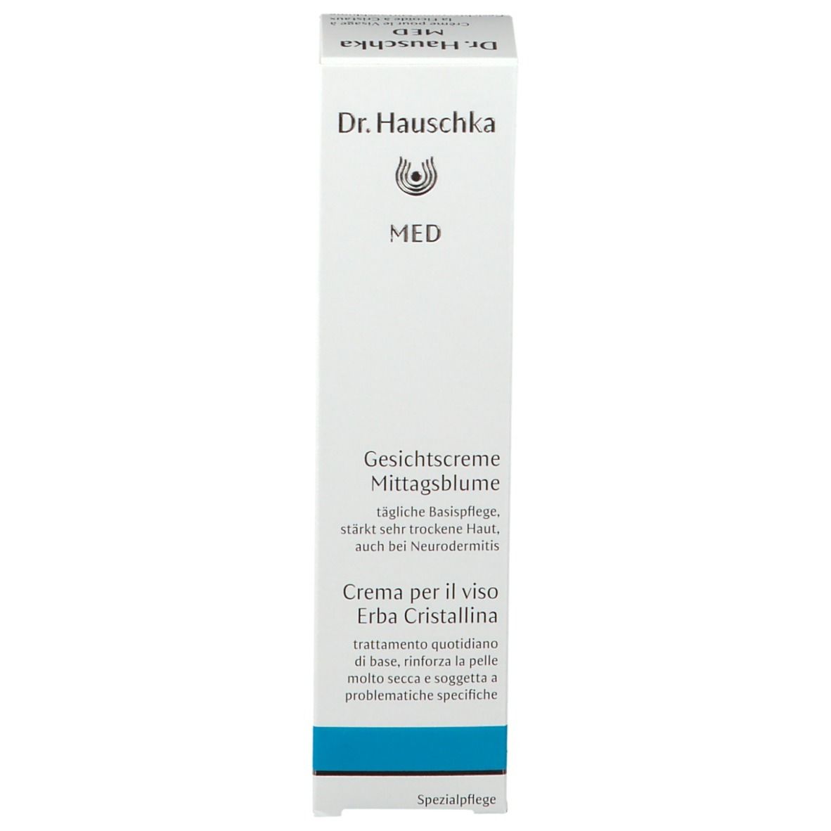 Weiße Schachtel. Schriftzug: Dr. Hauschka MED, Gesichtscreme Mittagsblume, Creme per il viso Erba Cristallina. Blaue Banderole.