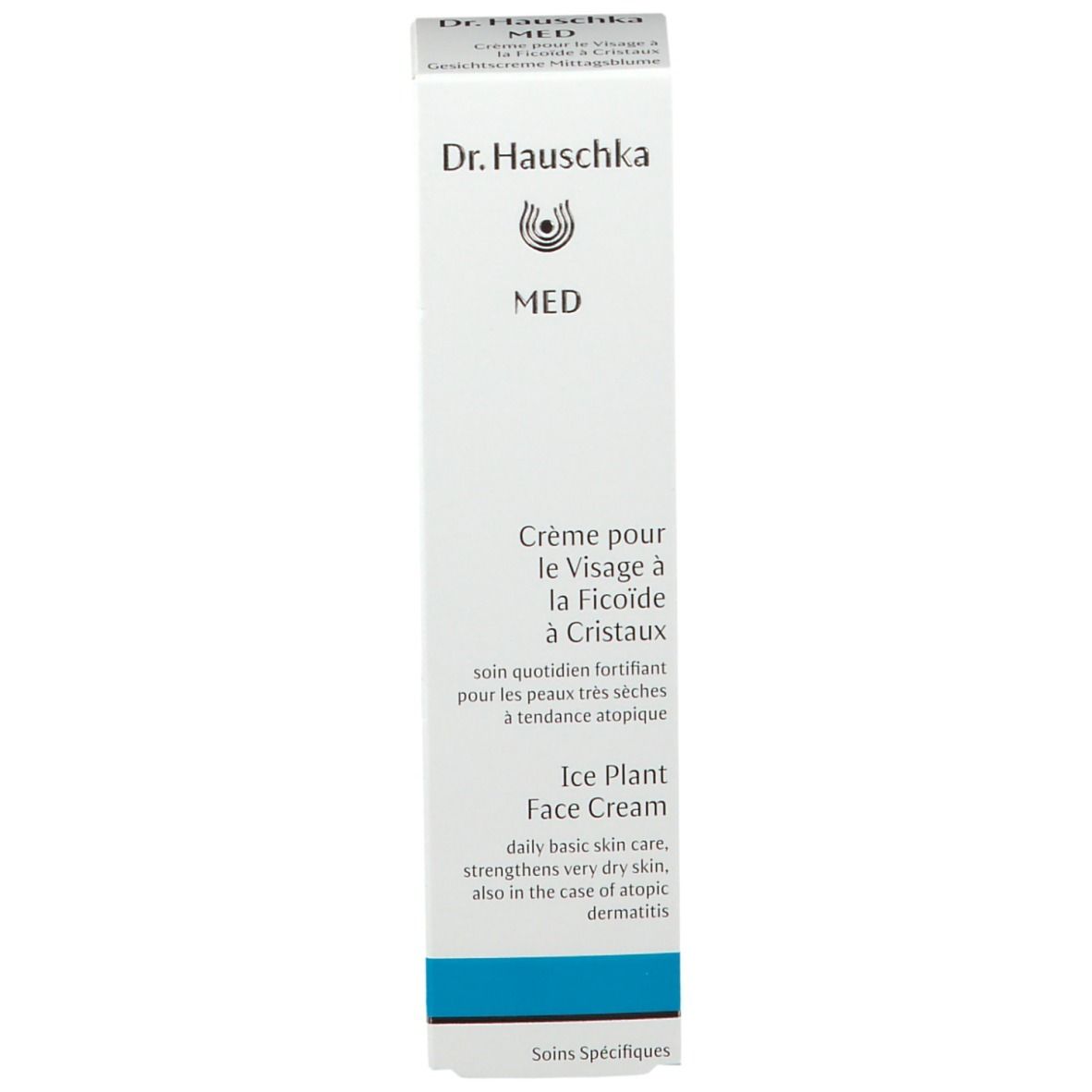 Weiße Schachtel. Schriftzug: Dr. Hauschka MED, Crème pour le Visage à la Ficoïde à Cristaux, Ice Plant Face Cream. Blaue Banderole.