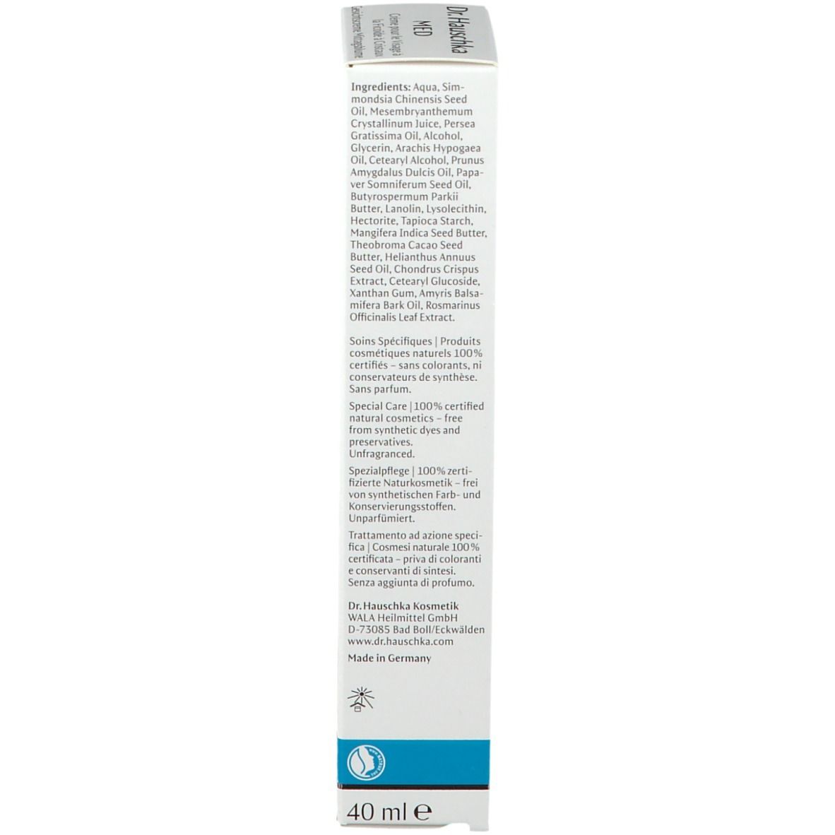 Weiße Schachtel. Inhaltsstoffe, Zertifizierungen, Herstellerinformationen. 40 ml.