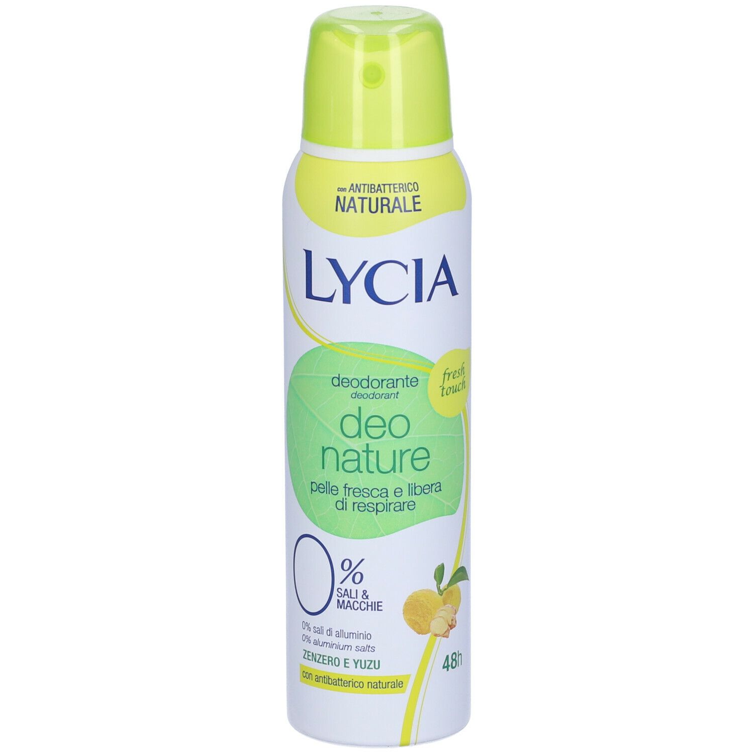 Spray deodorante LYCIA Nature, bomboletta bianca e gialla. Testo: Deo Nature, 0% sali & macchie, zenzero e yuzu.