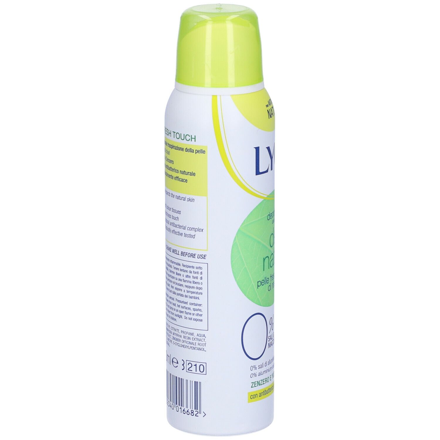 Spray deodorante LYCIA Nature, vista laterale. Testo: Fresh Touch, 0% sali di alluminio, per pelle naturale.
