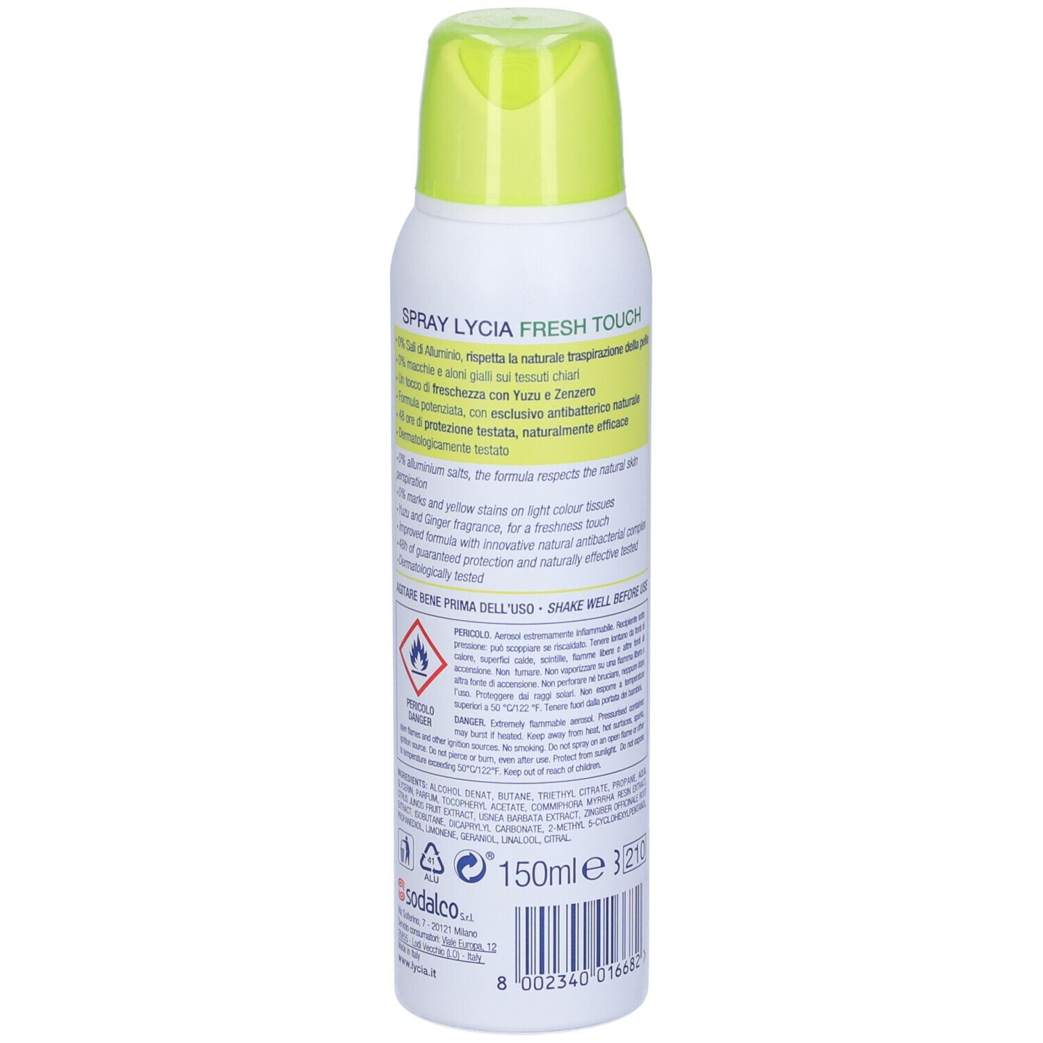 Spray deodorante LYCIA Nature, retro. Testo: Spray Fresh Touch, 150ml, 0% sali di alluminio, zenzero e yuzu.