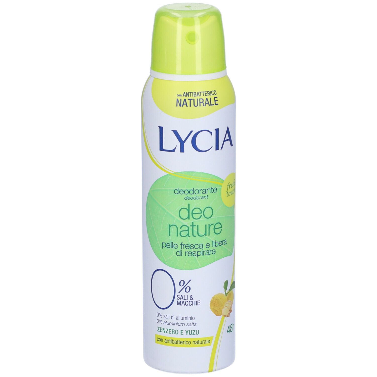 Spray deodorante LYCIA Nature, bomboletta bianca e gialla. Testo: Deo Nature, 0% sali & macchie, zenzero e yuzu.