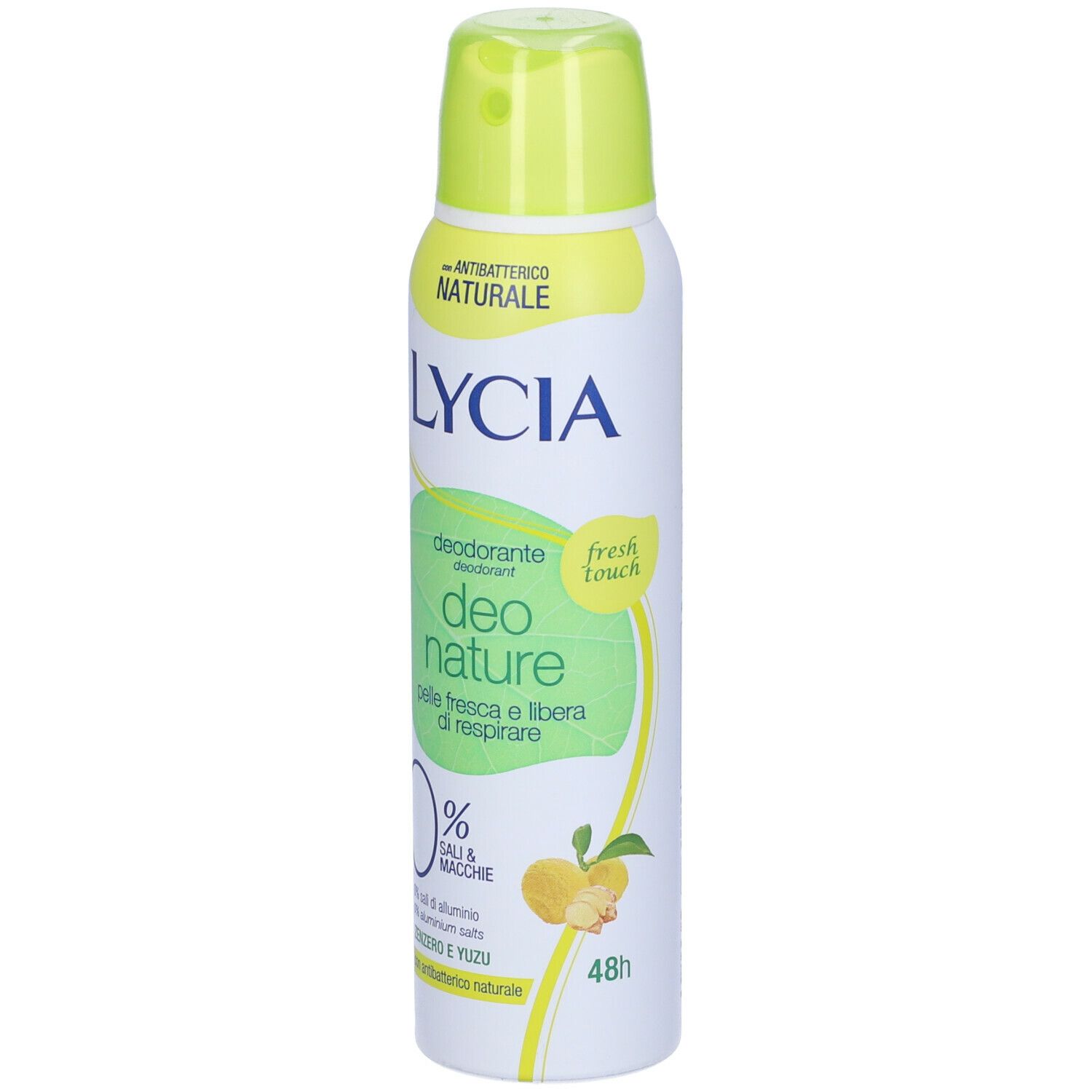 Spray deodorante LYCIA Nature, bomboletta bianca e gialla. Testo: Deo Nature, 0% sali & macchie, zenzero e yuzu, 48h.