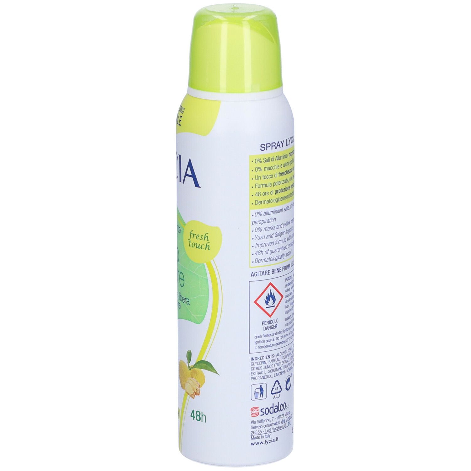 Spray deodorante LYCIA Nature, vista laterale. Testo: Fresh Touch, 48h, 0% sali di alluminio, zenzero e yuzu.