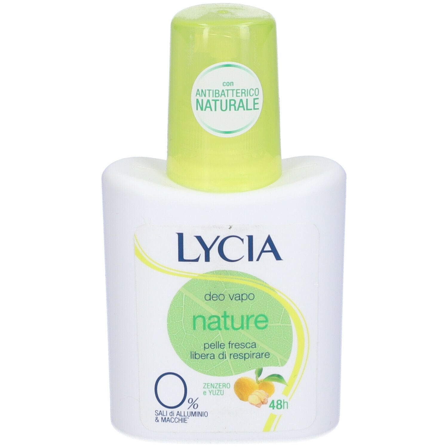 Deo spray con tappo verde. Scritta: LYCIA, nature, 0% sali, antibatterico. Immagine di zenzero e yuzu.