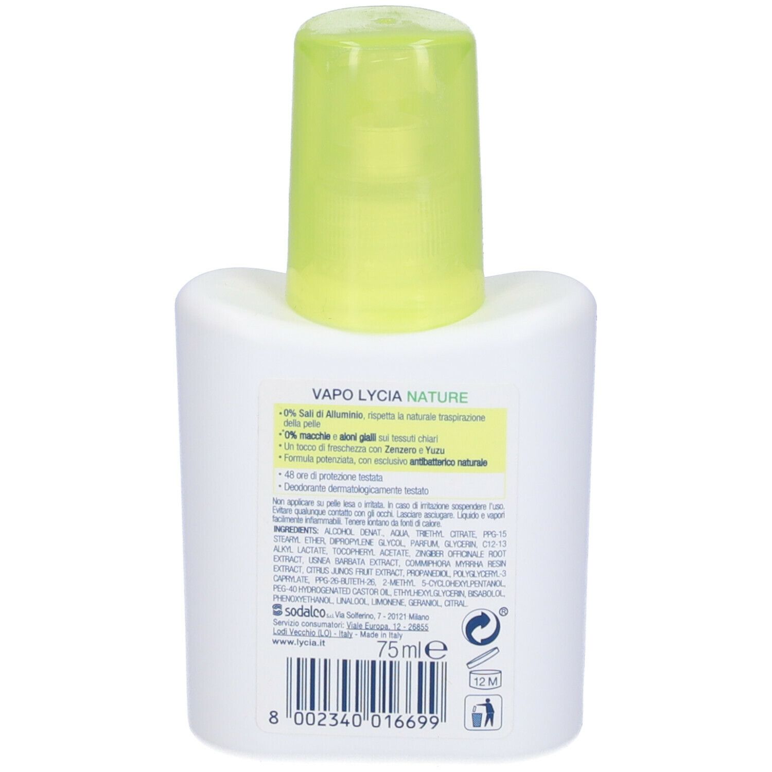 Retro di un flacone di deodorante con tappo verde. Testo: VAPO LYCIA NATURE, 75ml, 12M. Ingredienti e informazioni.