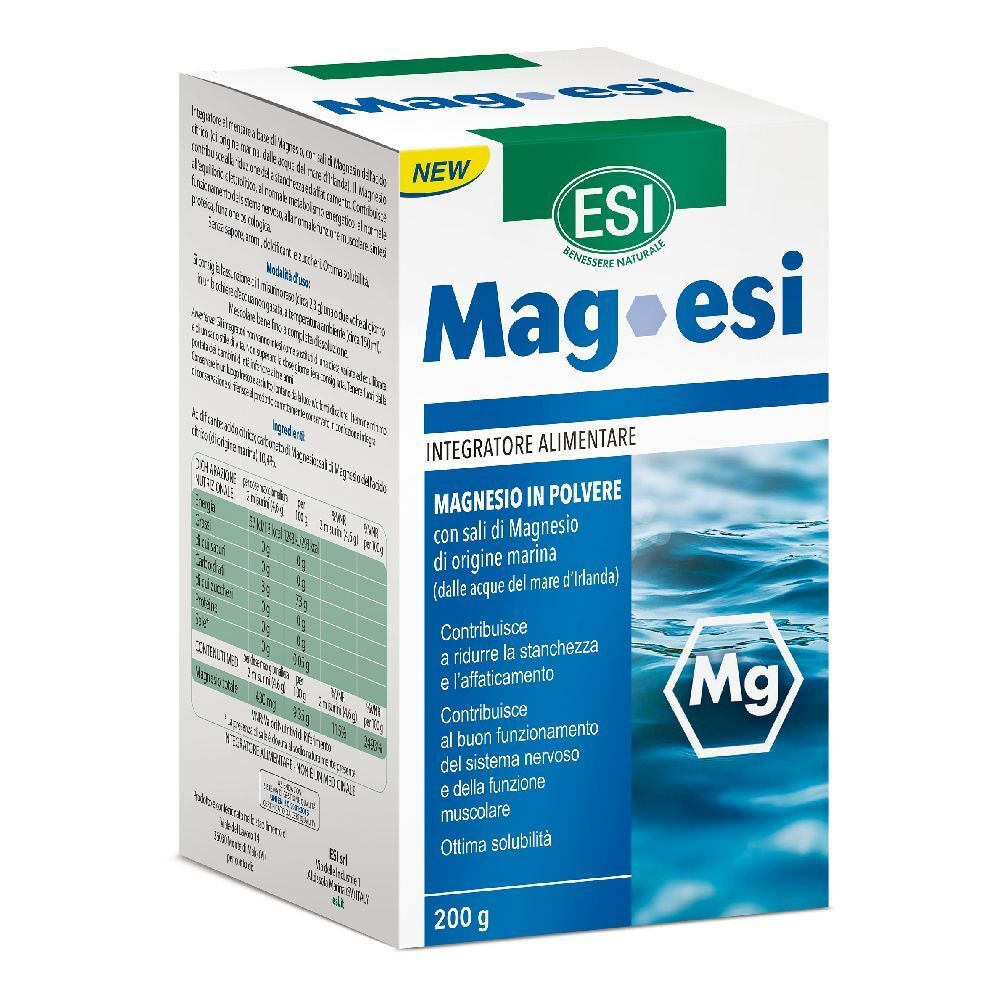 Scatola bianca con logo blu e verde. Testo: Mag-esi, integratore alimentare, 200 g.