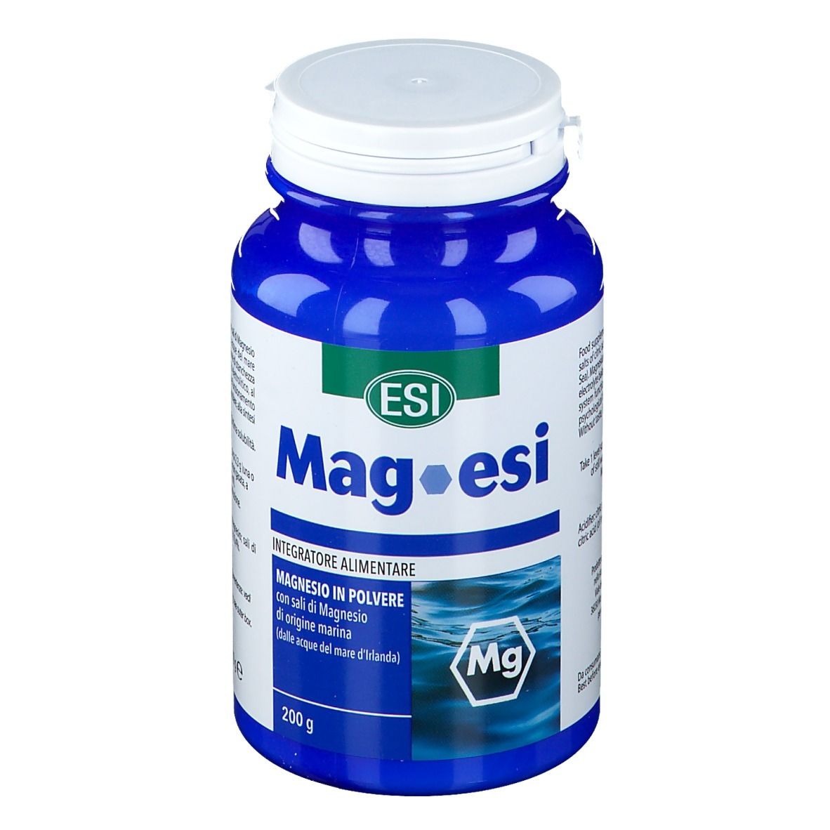 Bottiglia blu con tappo bianco. Testo: Mag-esi, integratore alimentare, 200 g.