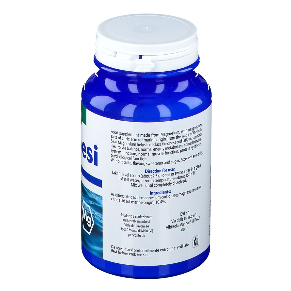 Bottiglia blu con tappo bianco. Testo: Mag-esi, integratore alimentare, 200 g. Testo sul retro.