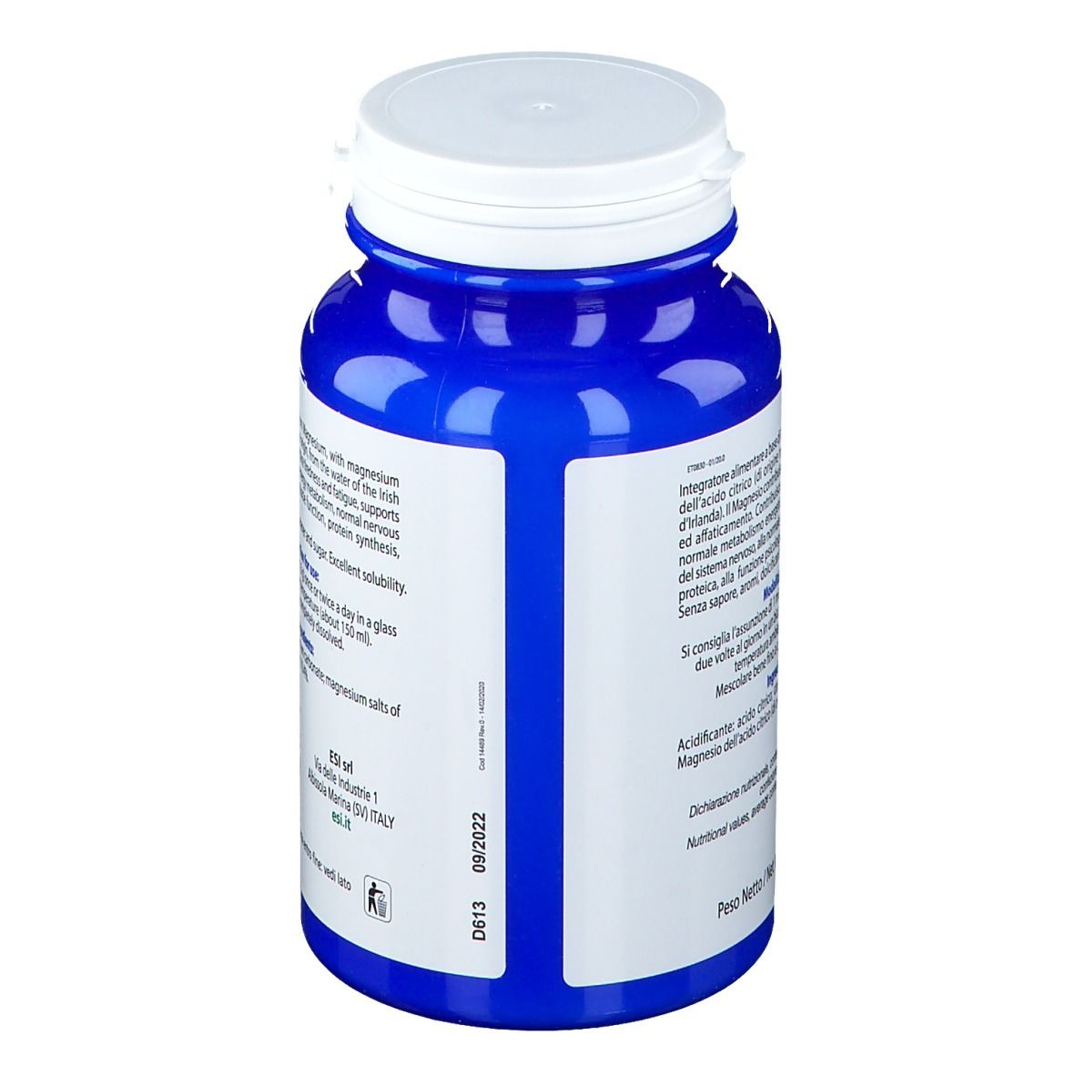 Bottiglia blu con tappo bianco. Testo: Mag-esi, integratore alimentare, 200 g. Testo sul retro.