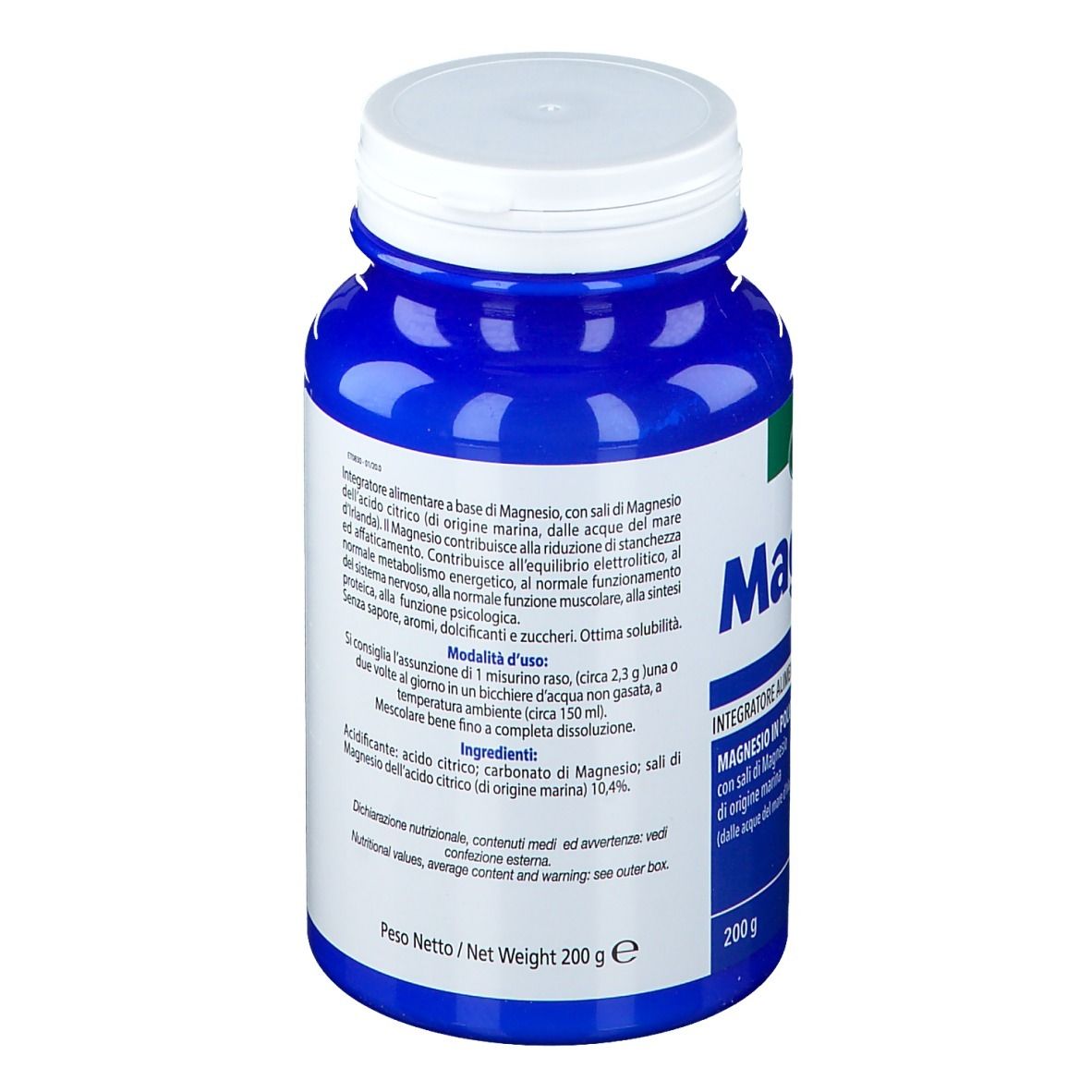 Bottiglia blu con tappo bianco. Testo: Mag-esi, integratore alimentare, 200 g. Testo sul retro.