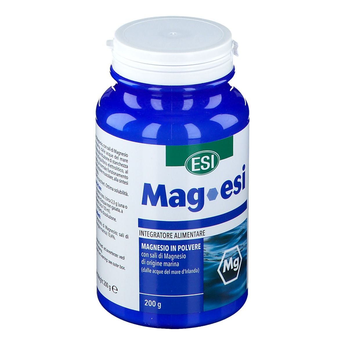 Bottiglia blu con tappo bianco. Testo: Mag-esi, integratore alimentare, 200 g.
