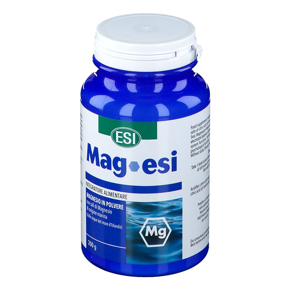 Bottiglia blu con tappo bianco. Testo: Mag-esi, integratore alimentare, 200 g.