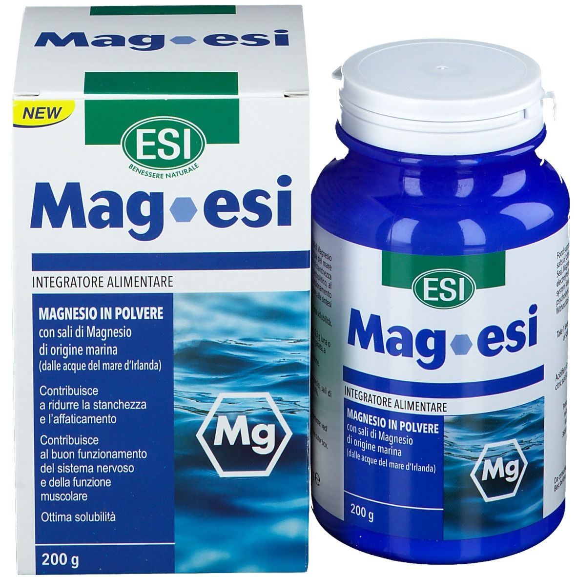 Confezione del prodotto: scatola bianca e bottiglia blu. Testo: Mag-esi, integratore alimentare, 200 g.