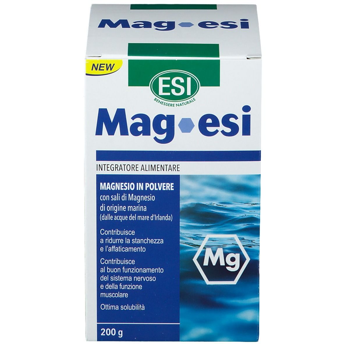 Scatola bianca con logo blu e verde. Testo: Mag-esi, integratore alimentare, 200 g.
