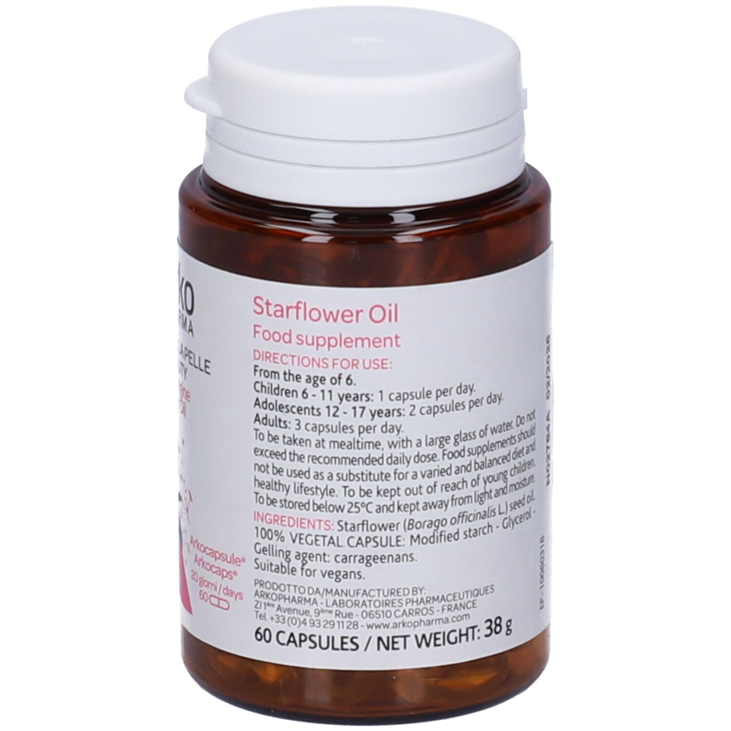 Rückseite der Flasche. Etikett mit Produktinformationen, Inhaltsstoffen und Dosierung. 60 Kapseln.