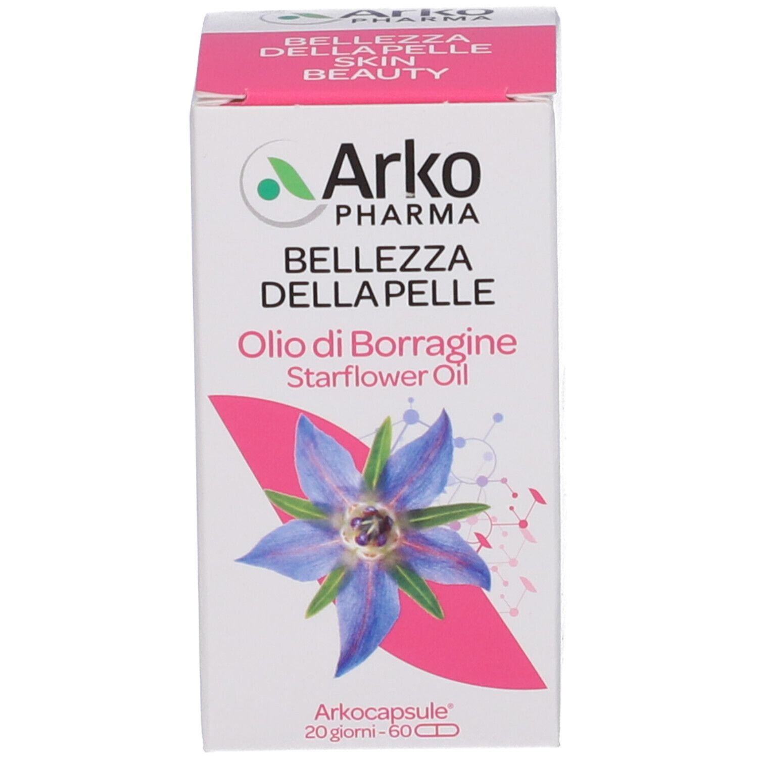 Weiße Schachtel mit Logo, Produktname und Blüte. Enthält Kapseln. 20 Tage.