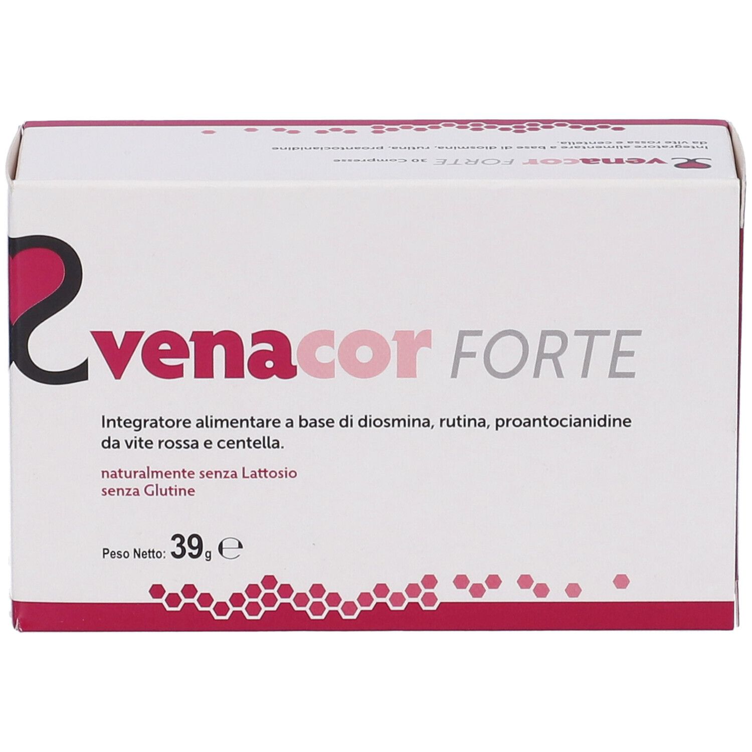 Scatola Venacor Forte. Bianca, scritta e logo rossi. Contiene 39g. Vista frontale.