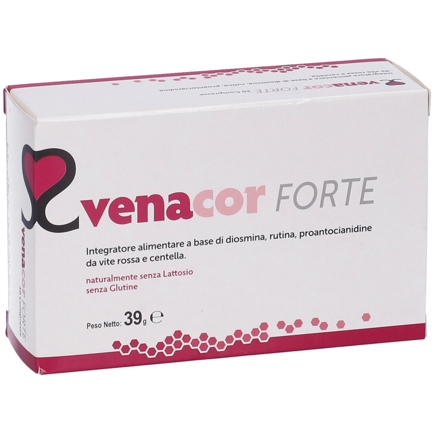 Scatola Venacor Forte. Bianca, scritta e logo rossi. Contiene 39g. Vista frontale.