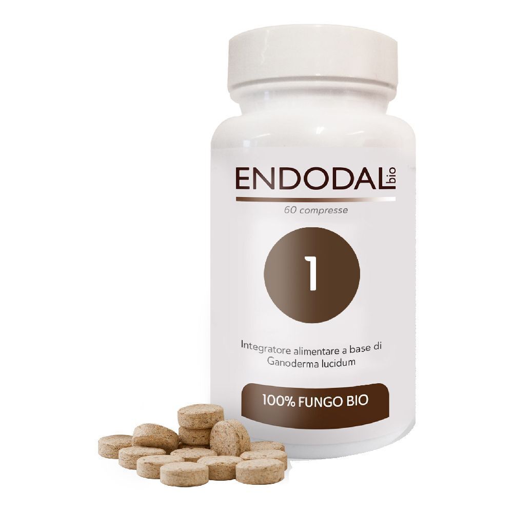 Flacone bianco con compresse. Scritta: Endodal 1 Bio, 60 compresse. Compresse marroni accanto.