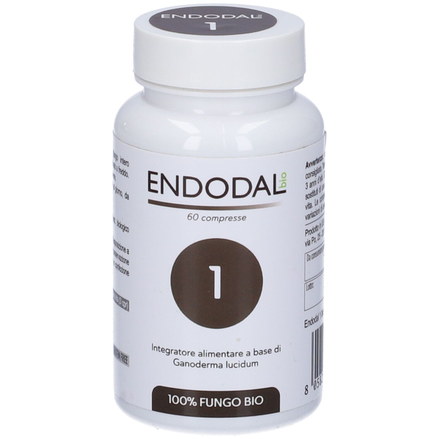 Flacone bianco con etichetta. Scritta: Endodal 1 Bio, 60 compresse. Cerchio marrone con '1'.