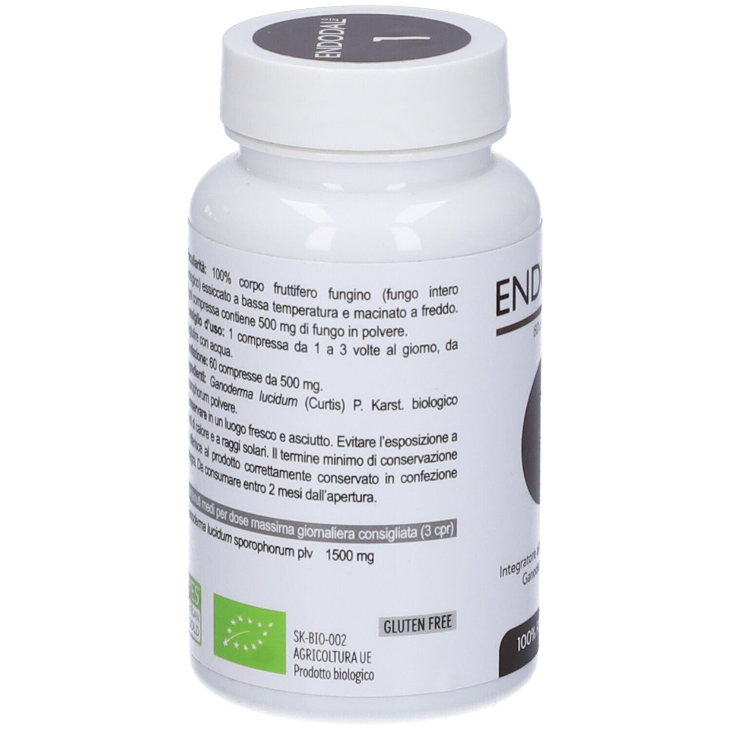Retro del flacone bianco. Testo con ingredienti e istruzioni per l'uso. Sigillo bio.