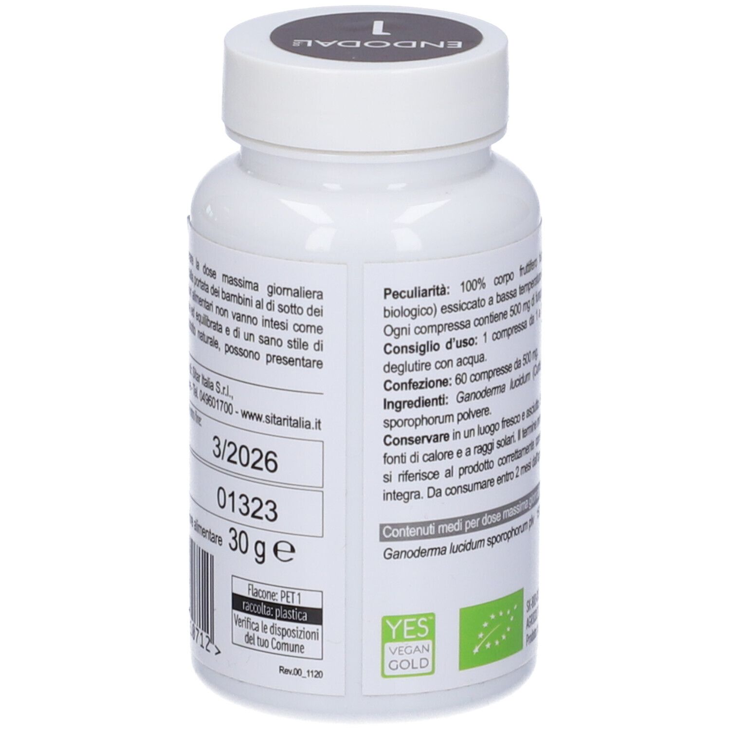 Retro del flacone bianco. Testo con scadenza e informazioni. Sigillo vegano.