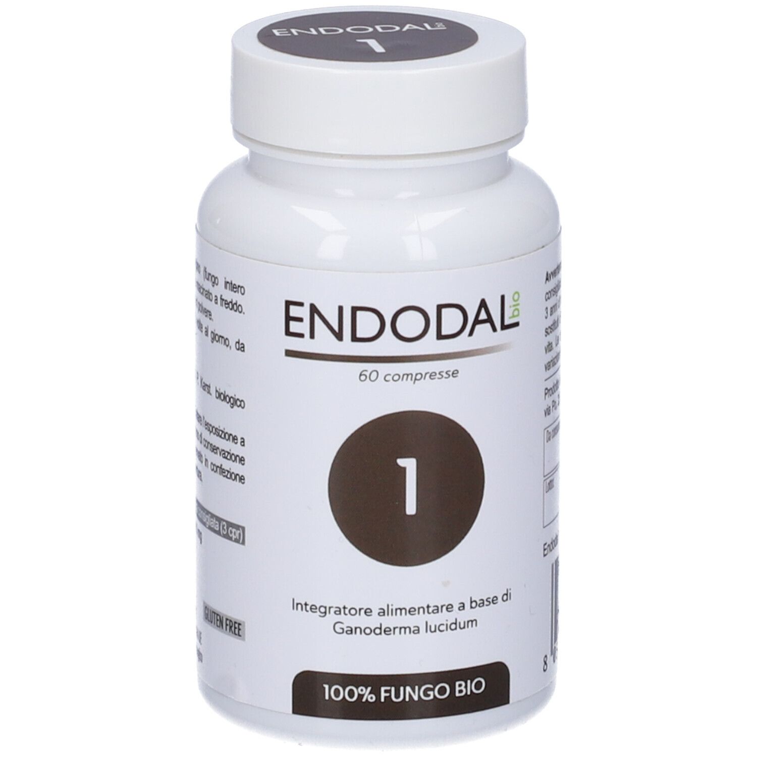 Flacone bianco con etichetta. Scritta: Endodal 1 Bio, 60 compresse. Cerchio marrone con '1'.