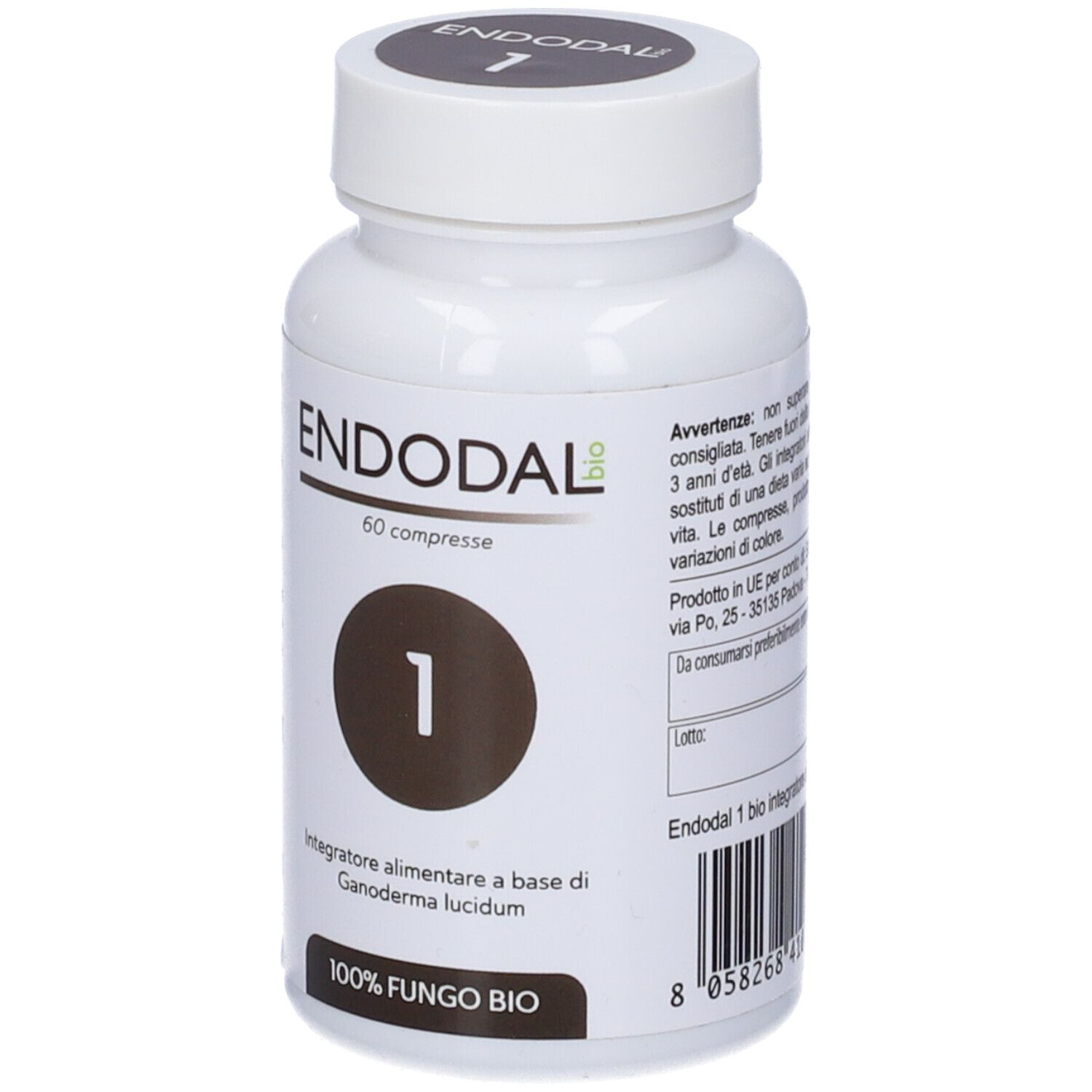 Flacone bianco con etichetta. Scritta: Endodal 1 Bio, 60 compresse. Cerchio marrone con '1'.