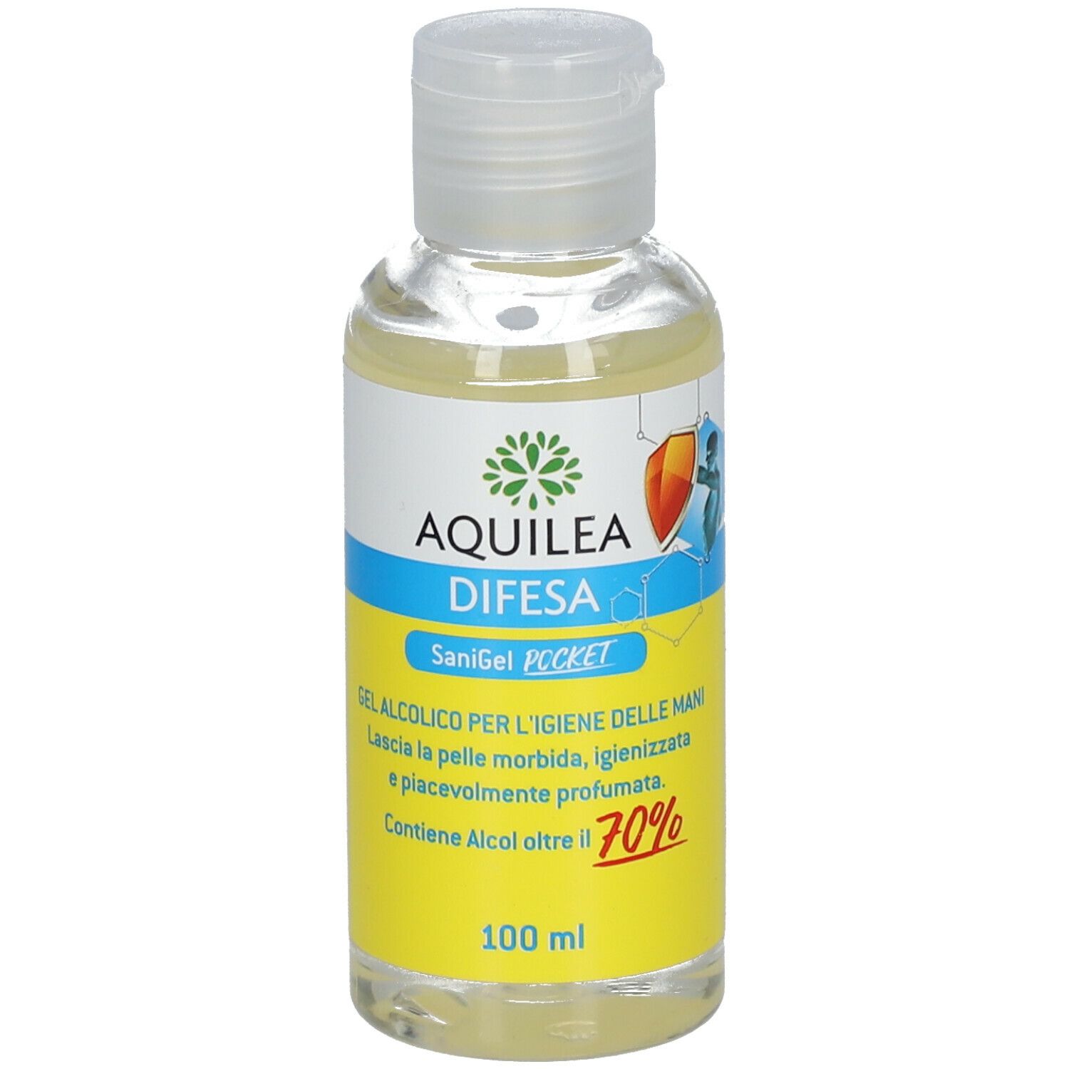 Piccolo flacone trasparente con tappo bianco. Etichetta con logo, nome del prodotto e testo. Contiene oltre il 70% di alcol. 100 ml.