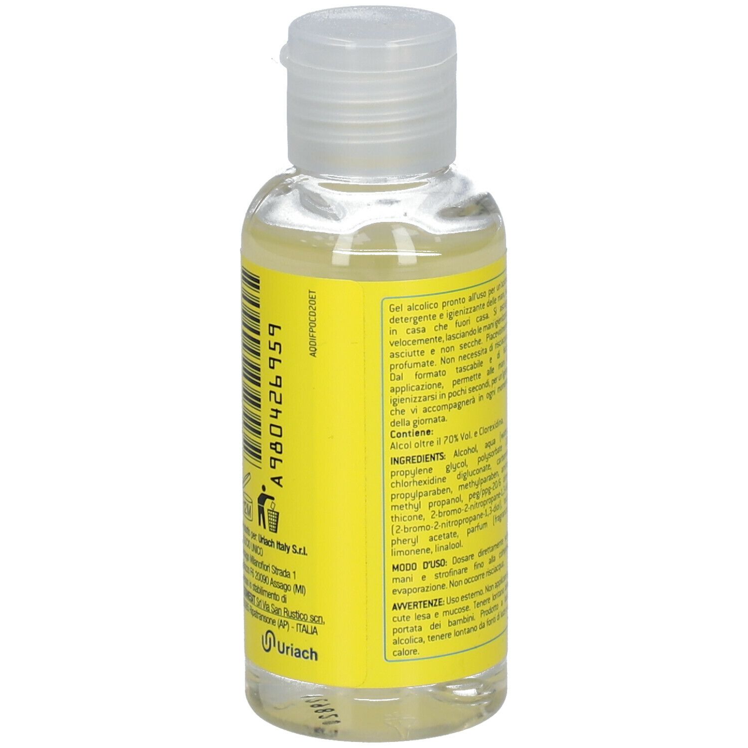 Piccolo flacone trasparente con tappo bianco. Retro con testo e ingredienti. Contiene oltre il 70% di alcol.
