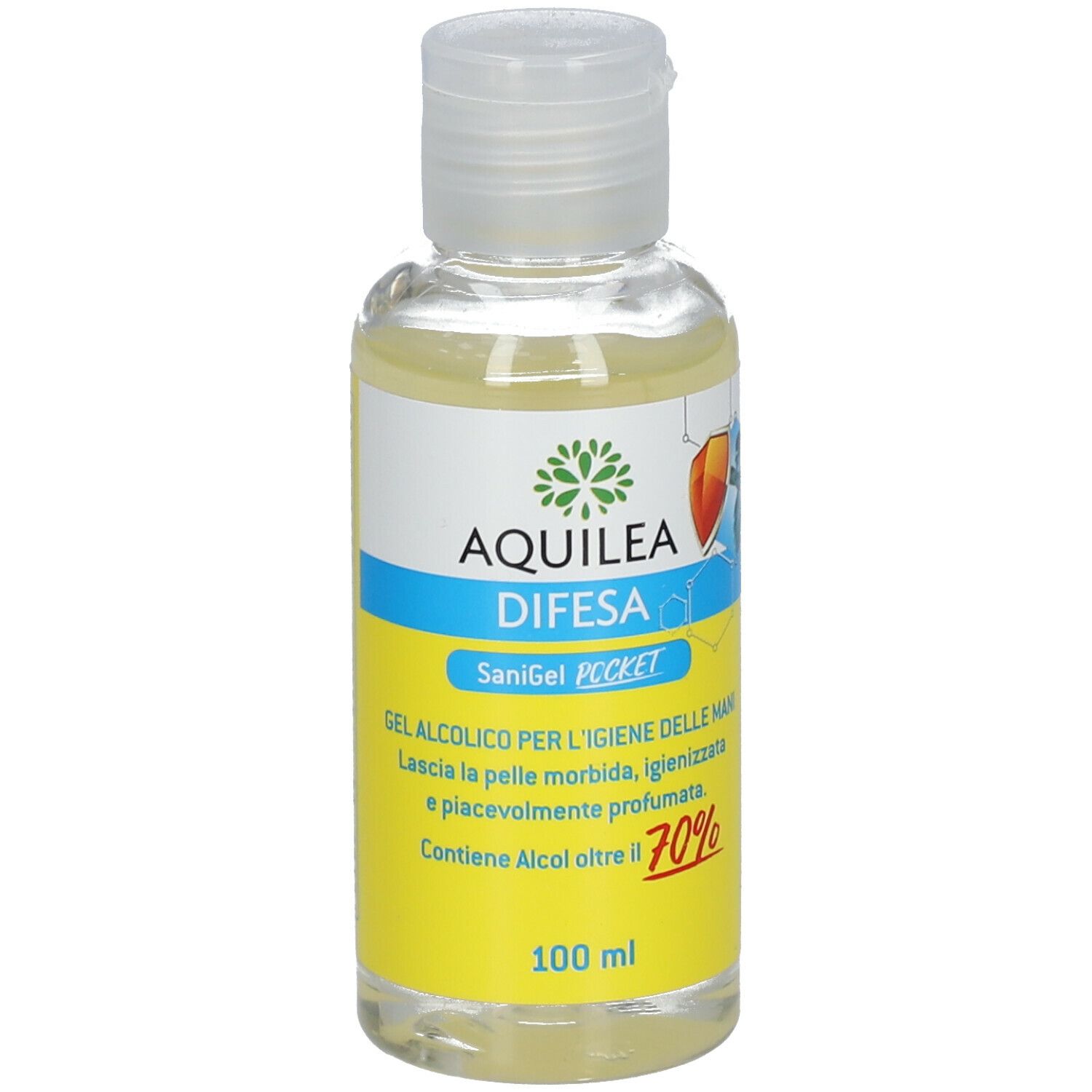 Piccolo flacone trasparente con tappo bianco. Etichetta con logo, nome del prodotto e testo. Contiene oltre il 70% di alcol. 100 ml.